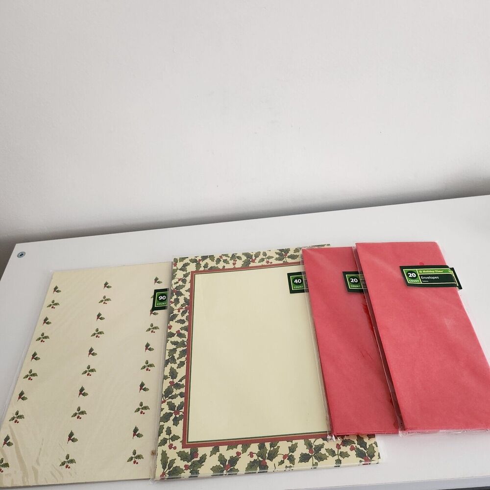 Holiday Time Holly Print Stationary Set Paper, Mailing Labels and Red Envelopes